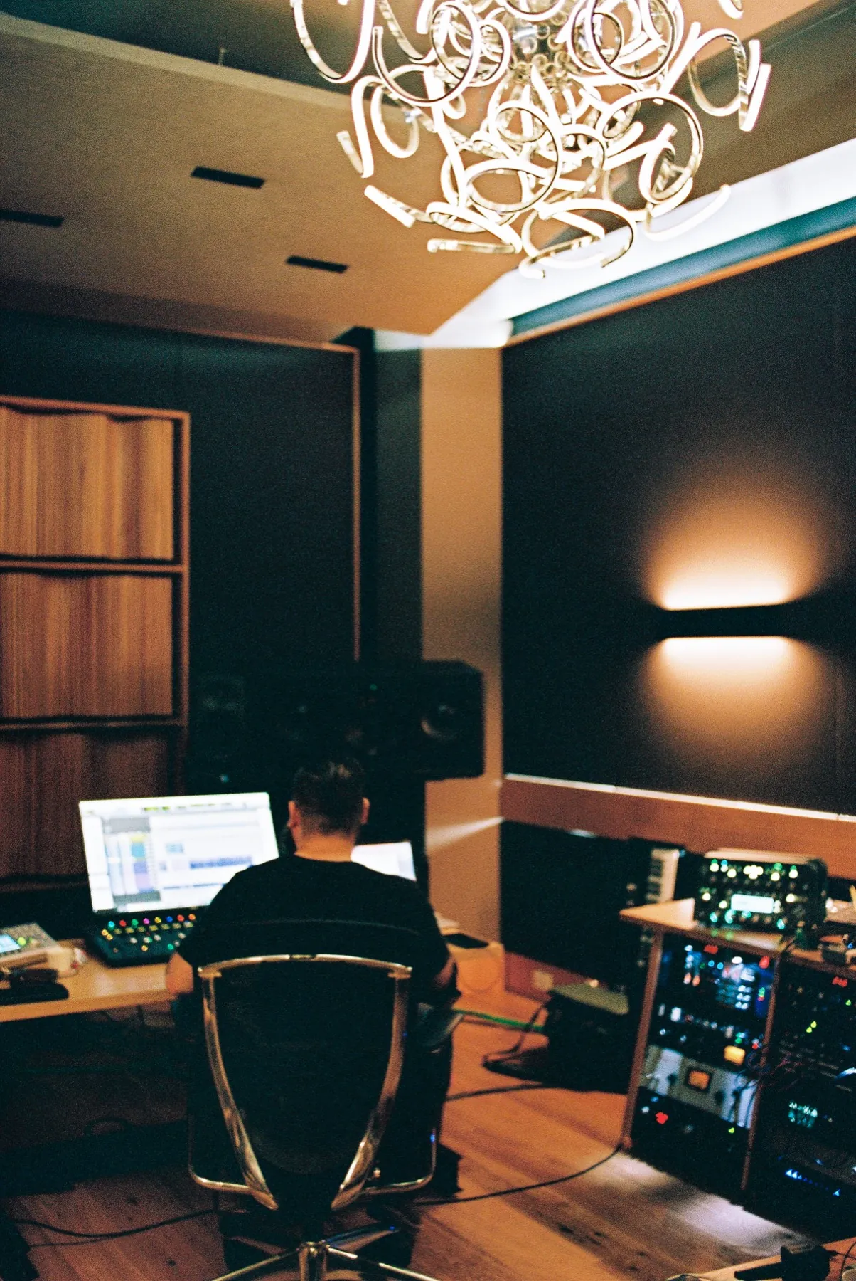 The A Sharp control room from the rear - the sculptural ring chandelier over the console