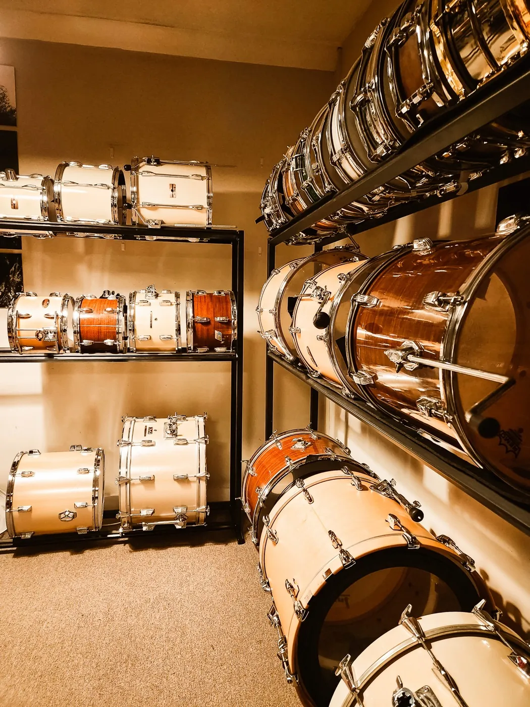 The A Sharp drum locker - vintage snares and kits on shelves